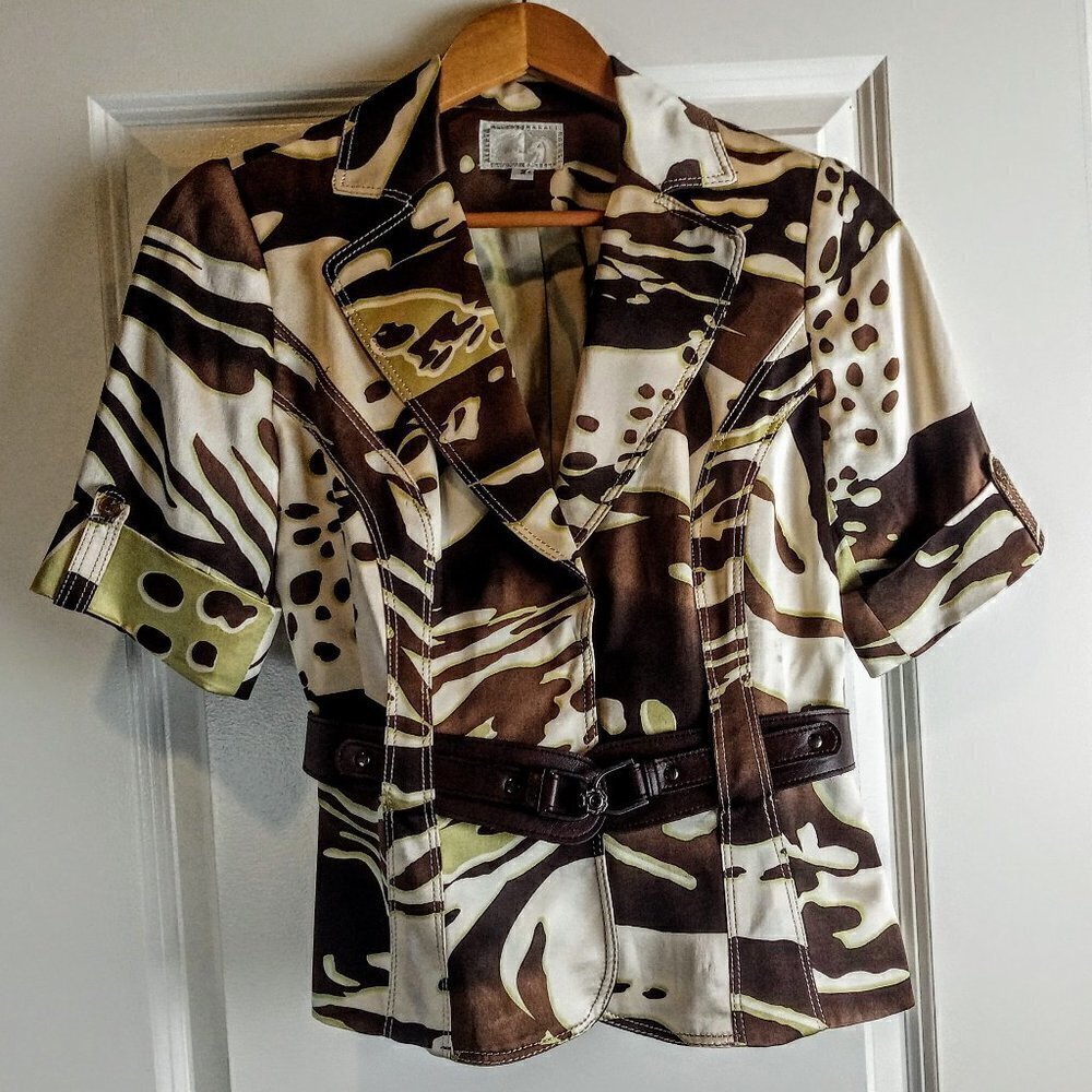 Alberto Makali Brown Camo Print Silk Belted Short Sleeve Blazer